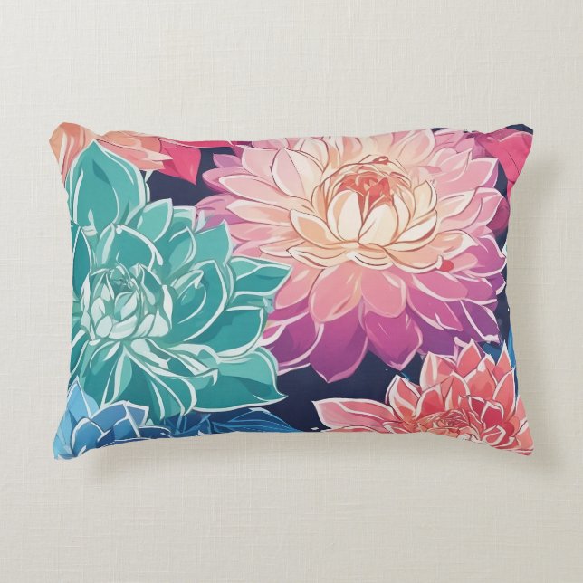 Elegant Colorful Dahlia Flowers on Mörk Background Prydnadskudde (Framsidan)