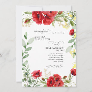 Elegant Colorful Red Foliage Poppies Bröllop Inbjudningar