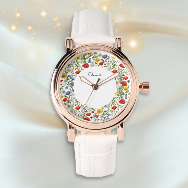 Elegant Colorful Summer Wildblomma Blommigt Round Armbandsur (A beautiful wristwatch patterned with a colorful wildflowers design, personalized with a name)