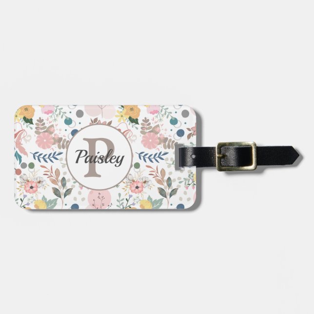 Elegant Colorful Watercolor Blommigt Löv Monogram Bagagebricka (Horisontell Framsida)