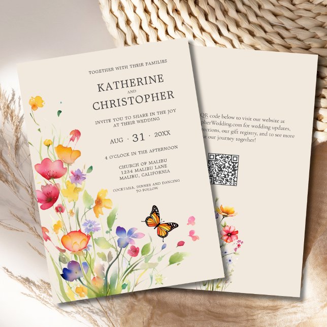 Elegant Colorful WildblommBeige Bröllop Inbjudningar (Colorful Watercolor Wildflowers Elegant Wedding Invitation with orange, red, purple flowers, QR code)