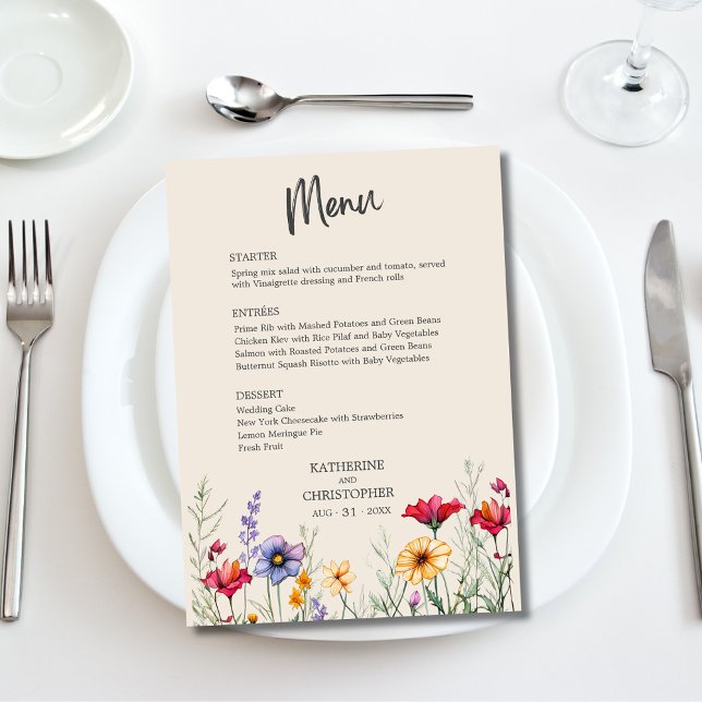 Elegant Colorful WildblommBeige Bröllop Meny (Colorful Wildflowers Elegant Beige Wedding Menu with menu choices, watercolor flowers.)