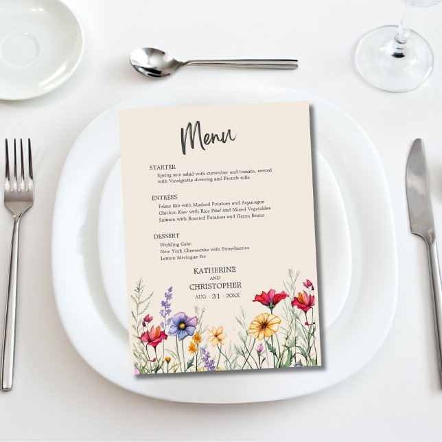 Elegant Colorful WildblommBeige Bröllop Meny (Colorful Wildflowers Wedding Menu with purple, orange, red jewel tone flowers, menu choices.)
