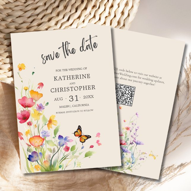 Elegant Colorful WildblommBeige Bröllop Spara Datumet (Colorful Wildflowers in jewel tones and butterflies adorn this beautiful Wedding Save the Date card.)