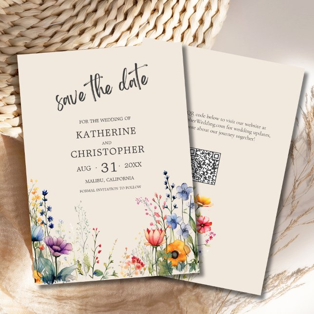 Elegant Colorful WildblommBeige Bröllop Spara Datumet (Colorful Wildflowers Elegant Beige Wedding Save the Date with purple, orange, red flowers, qr code.
)