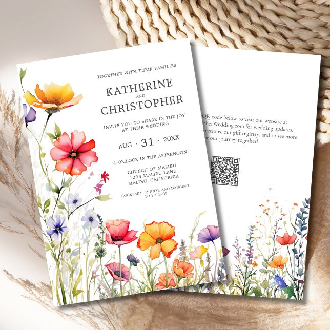Elegant Colorful Wildblommor Bröllop Inbjudningar (Elegant Colorful Wildflowers Wedding Invitation with QR Code, Pink, Orange, Purple Flowers.
)