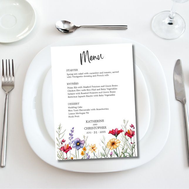 Elegant Colorful Wildblommor Bröllop Meny (Elegant Colorful Watercolor Wildflowers Wedding Menu with Menu Options, Pink Purple Yellow Flowers.)