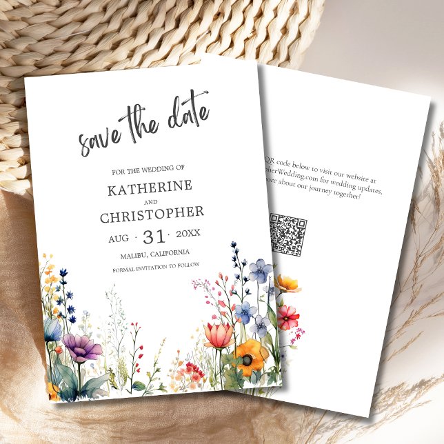 Elegant Colorful Wildblommor Bröllop Spara Datumet (Elegant Colorful Watercolor Wildflowers Wedding Save the Date with QR Code, orange, pink, purple)