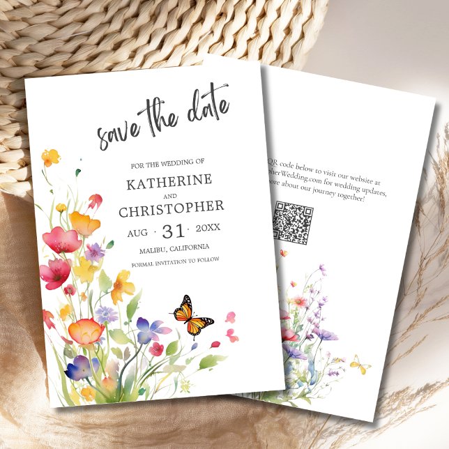 Elegant Colorful Wildblommor Bröllop Spara Datumet (Elegant Colorful Wildflowers Wedding Save the Date with QR Code, Pink, Orange, Purple Flowers.)