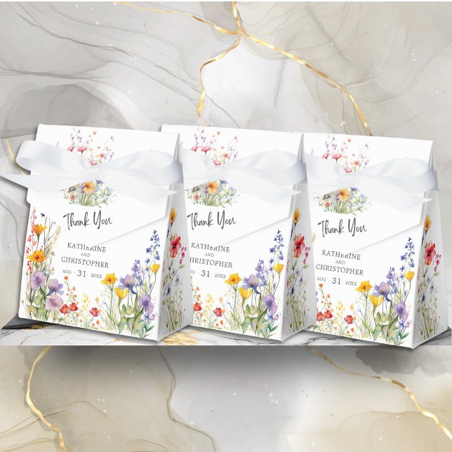 Elegant Colorful Wildblommor Bröllop Tack Presentaskar (Elegant Colorful Wildflowers Wedding Thank You Favor Bow Box with Couple's Names, Date.)