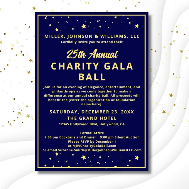 Elegant Company Charity Gala Boll Blue Guld Inbjudningar (Elegant Charity Gala Ball Invitation, budget version with gold ink, dark blue background with stars.)