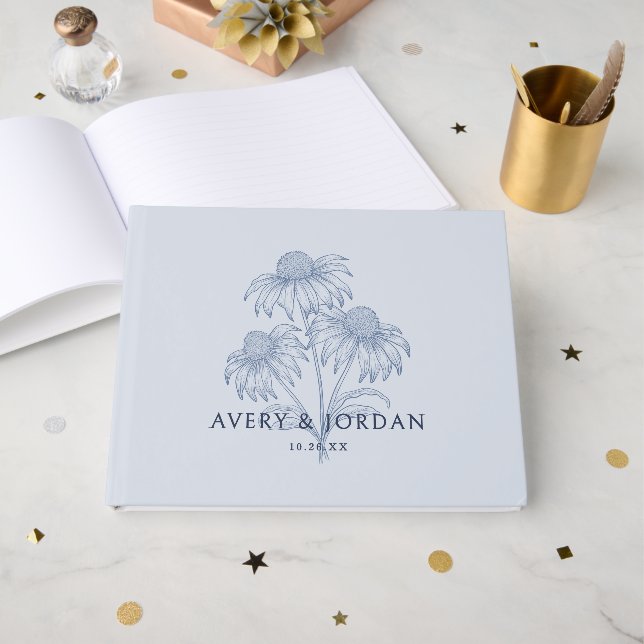 Elegant Coneflower Botanical Dusty Blue Bröllop Gästböcker (Framsida Öppen)