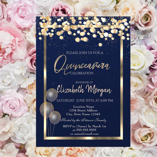 Elegant Confetti Balloons Navy Blue Quinceañera Inbjudningar (Skapare uppladdad)