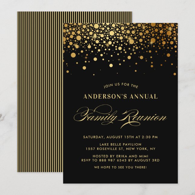 Elegant Confetti Gold Foil Black Family Reunion Inbjudningar (Fram/baksida)