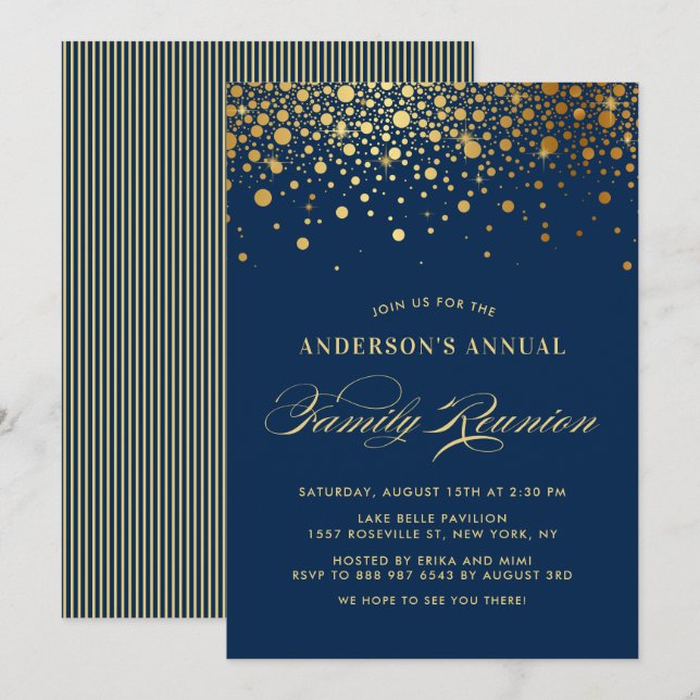 Elegant Confetti Gold Foil Blue-familjeåterförenin Inbjudningar (Fram/baksida)