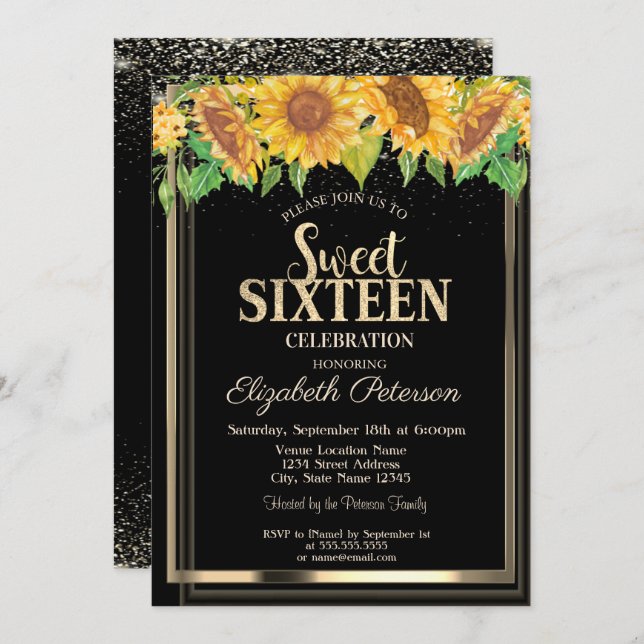 Elegant Confetti Guld Ram Sunblommor Sweet 16 Inbjudningar (Fram/baksida)