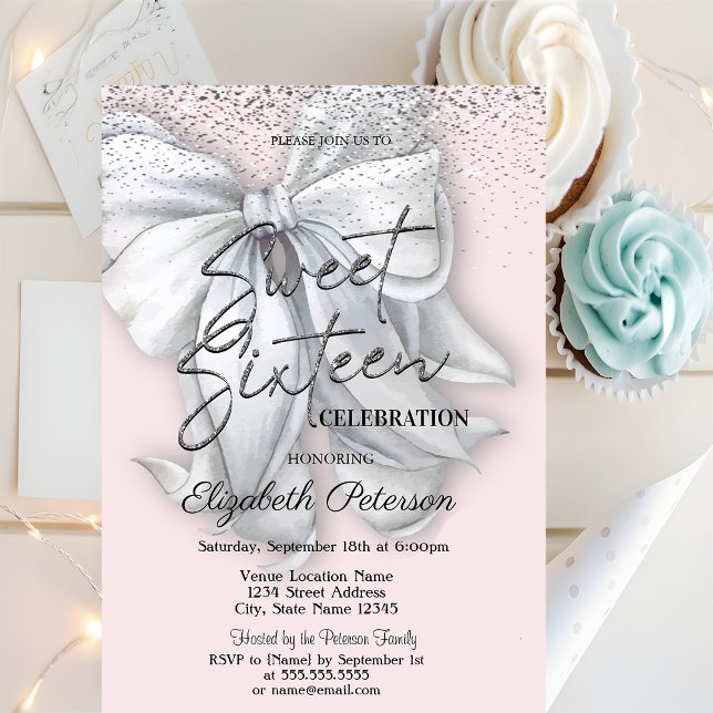Elegant Confetti White Bow Pink Sweet 16 Inbjudningar (Skapare uppladdad)