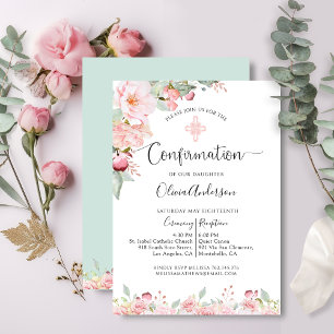 Elegant Confirmation Ro Guld, Mint Blommigt Inbjudningar