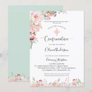 Elegant Confirmation Ro Guld, Mint Blommigt, Verse Inbjudningar