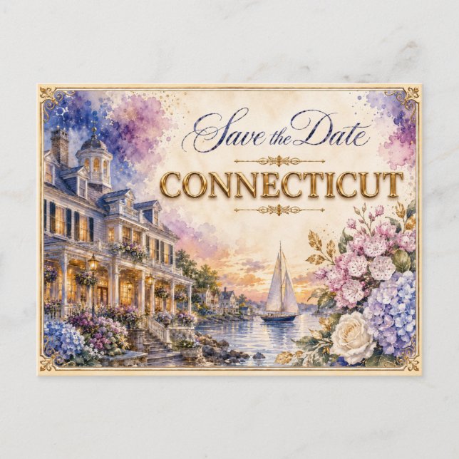 Elegant Connecticut Spara datum Bröllopsinbjudan Vykort (Framsida)