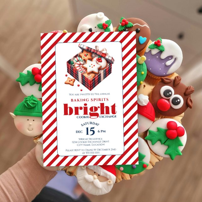 Elegant Cookie Exchange Party Blå Röd Inbjudningar (Baking spirits bright cookie exchange party invitation front view.)