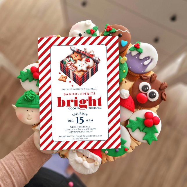 Elegant Cookie Exchange Party Blå Röd Inbjudningar (Baking spirits bright cookie exchange party invitation front view.)