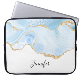 Elegant Cool Blue Agate med Guld Glitter Band Laptop Fodral