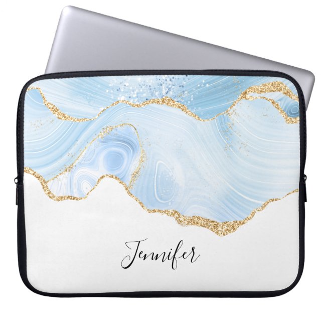 Elegant Cool Blue Agate med Guld Glitter Band Laptop Fodral (Framsidan)