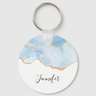 Elegant Coola Blue Agate och Guld Glitter Ribbon Nyckelring