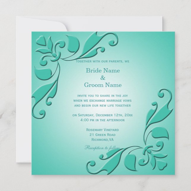 Elegant, coola teal dekorativ blommigt bröllop inbjudningar (Framsida)