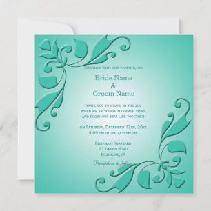 Elegant, coola teal dekorativ blommigt bröllop inbjudningar
