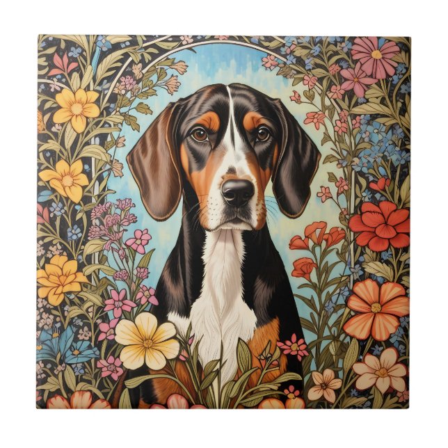 Elegant Coonhound Färgrik Blomma Kakelplatta (Framsidan)