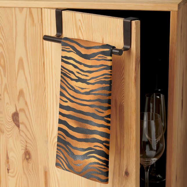 Elegant Copper Black Tiger Animal Print Kökshandduk (Thirds Fold)