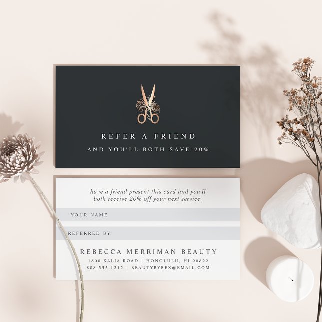 Elegant Copper Blommigt Scissors Logotyp | Salon Rabattkort (Skapare uppladdad)