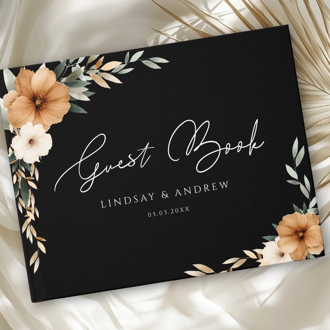 Elegant Copper Earthy Botanical Black Wedding Gästböcker (Elegant Boho Copper Earthy Botanical Black Custom Wedding Guest Book)