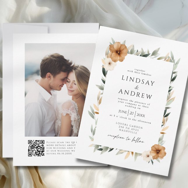 Elegant Copper & Earthy Botanical Photo Wedding Inbjudningar (Elegant Copper & Earthy Botanical Photo & QR Code Wedding Invitation)