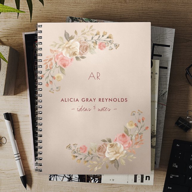 Elegant Copper Gold Foil Monogrammed Blommigt Anteckningsbok (Skapare uppladdad)