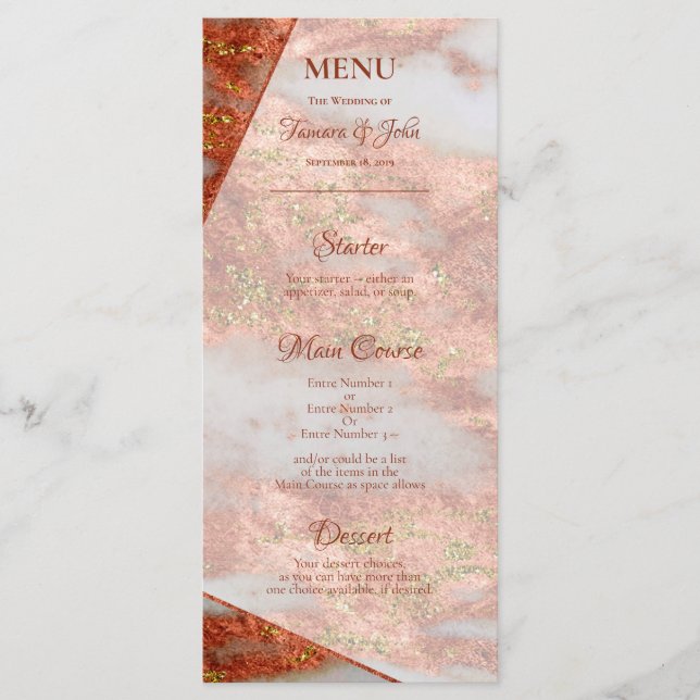 Elegant Copper Guld Marble Geometric 2 sided Menu Meny (Framsida)