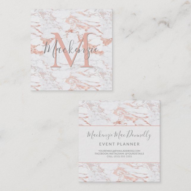 Elegant Copper Ro Gold Foil Marble Monogram Busi Fyrkantigt Visitkort (Fram/baksida)