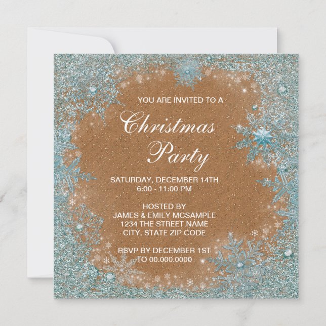 Elegant Copper Teal Blue Snowflake jul Party Inbjudningar (Framsida)