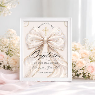 Elegant Coquette-båge med pärlor dop-välkomstskylt Poster