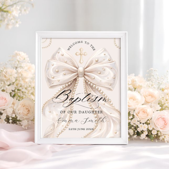 Elegant Coquette-båge med pärlor dop-välkomstskylt Poster (Skapare uppladdad)