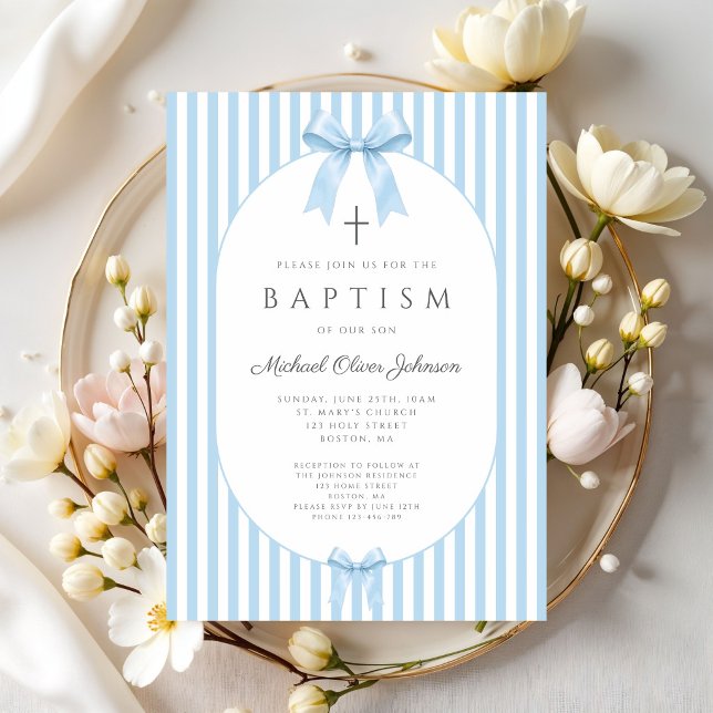 Elegant Coquette Blå Båge Pojke Dop Inbjudningar (Elegant Coquette Blue Bow Boy Baptism Invitation)
