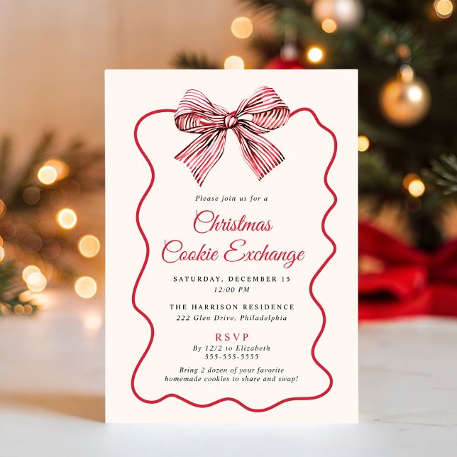 Elegant Coquette Bow Julbakswap Inbjudningar (Elegant Coquette Bow Christmas Cookie Exchange Invitation
)