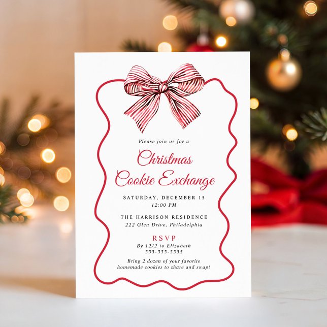 Elegant Coquette Bow Julbakswapparrangemang Inbjudningar (Elegant Coquette Bow Christmas Cookie Exchange Invitation
)