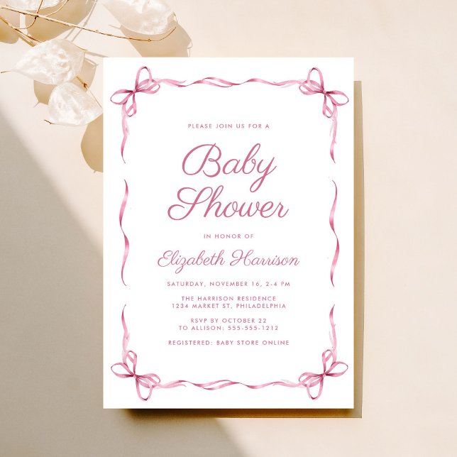Elegant Coquette Bows Rosa Flicka Shower Inbjudningar (Celebrate the upcoming arrival of your baby girl with a vintage-inspired coquette bows baby shower)