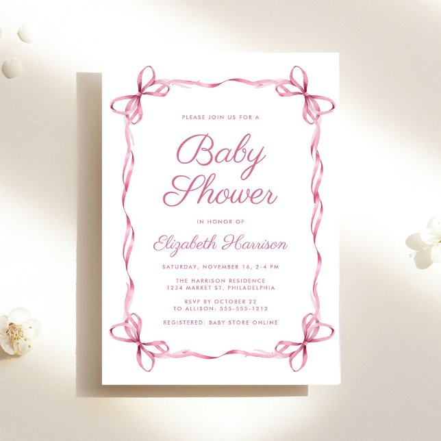 Elegant Coquette Bows Rosa Flicka Shower Inbjudningar (Celebrate the upcoming arrival of your baby girl with a vintage-inspired coquette bows baby shower)