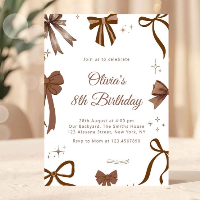 Elegant Coquette Brun Båge Födelsedagsinbjudan Inbjudningar (bow birthday invitation, coquette birthday invite, neutral birthday invitation, elegant girls birthd)