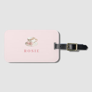 Elegant Coquette Preppy Rosa Tekopp med Bow Bagagebricka
