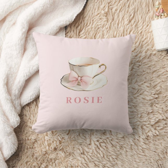 Elegant Coquette Preppy Rosa Tekopp med Bow Kudde (Filt)
